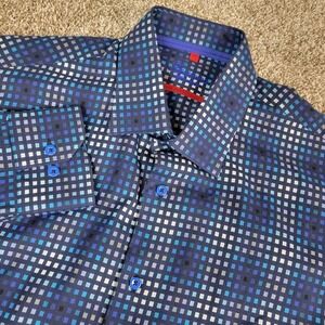 Luchiano Visconti Mens XL Blue AOP Squares Button Up Long Sleeve